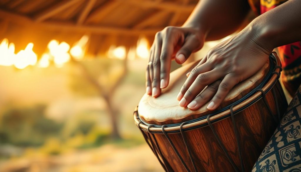 A skilled musician playing the African djembé, showcasing the intricate hand techniques of playing. In the foreground, focused on the musician’s hands striking the drumhead, with clear details of their fingers pressing into the skin, conveying energy and motion. The middle ground features the circular wooden djembé, beautifully carved with traditional patterns, highlighting its rich texture. In the background, a warm, soft focus landscape of an outdoor setting, suggesting an African cultural context, with greenery and light filtering through trees. The light is warm and inviting, creating a vibrant and passionate atmosphere, ideal for illustrating the mastery of drum techniques. The angle captures the dynamic rhythm and movement of the performance. The image has no text or watermarks.