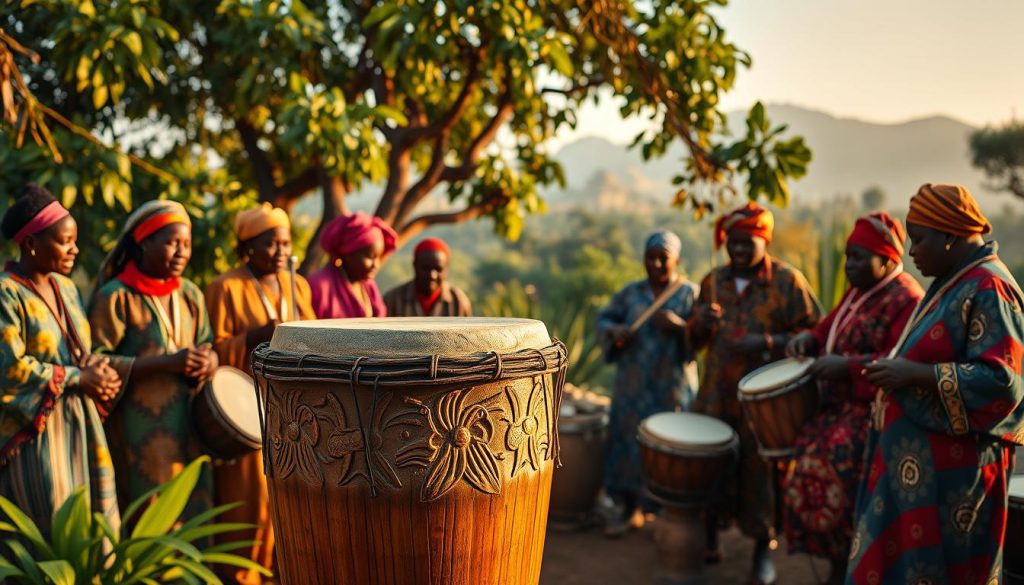 A vibrant West African scene featuring a traditional djembé drum at the forefront, intricately carved with symbolic patterns and textures. Surrounding the drum, a group of diverse musicians dressed in colorful, modest attire energetically playing the djembé and other traditional instruments, capturing the passion of West African music. In the middle ground, rich green foliage and a hint of a bustling village life add depth, while distant mountains rise against the horizon, bathed in warm, golden sunlight filtering through the trees. The mood is festive and lively, exuding a sense of cultural heritage and community spirit, inviting viewers into the rich history and legends surrounding the birth of the drum. Shot with a soft-focus lens to create a dreamy atmosphere.