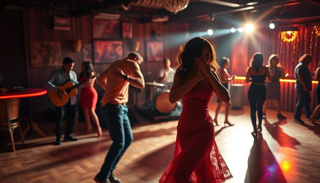 A vibrant, energetic dance floor set in a cozy, dimly lit bachata club. In the foreground, a pair of dancers move in perfect sync, their bodies swaying gracefully to the infectious rhythm of the bachata music. Soft, warm lighting casts a seductive glow, highlighting the fluid motions and intimate connections between the dancers. The middle ground features a band playing traditional Dominican bachata instruments, their fingers plucking the strings with passion. In the background, silhouettes of other dancers can be seen, their movements echoing the captivating beat. The overall atmosphere exudes a sense of joy, sensuality, and deep musical immersion. A vibrant, energetic dance floor set in a cozy, dimly lit bachata club. In the foreground, a pair of dancers move in perfect sync, their bodies swaying gracefully to the infectious rhythm of the bachata music. Soft, warm lighting casts a seductive glow, highlighting the fluid motions and intimate connections between the dancers. The middle ground features a band playing traditional Dominican bachata instruments, their fingers plucking the strings with passion. In the background, silhouettes of other dancers can be seen, their movements echoing the captivating beat. The overall atmosphere exudes a sense of joy, sensuality, and deep musical immersion.