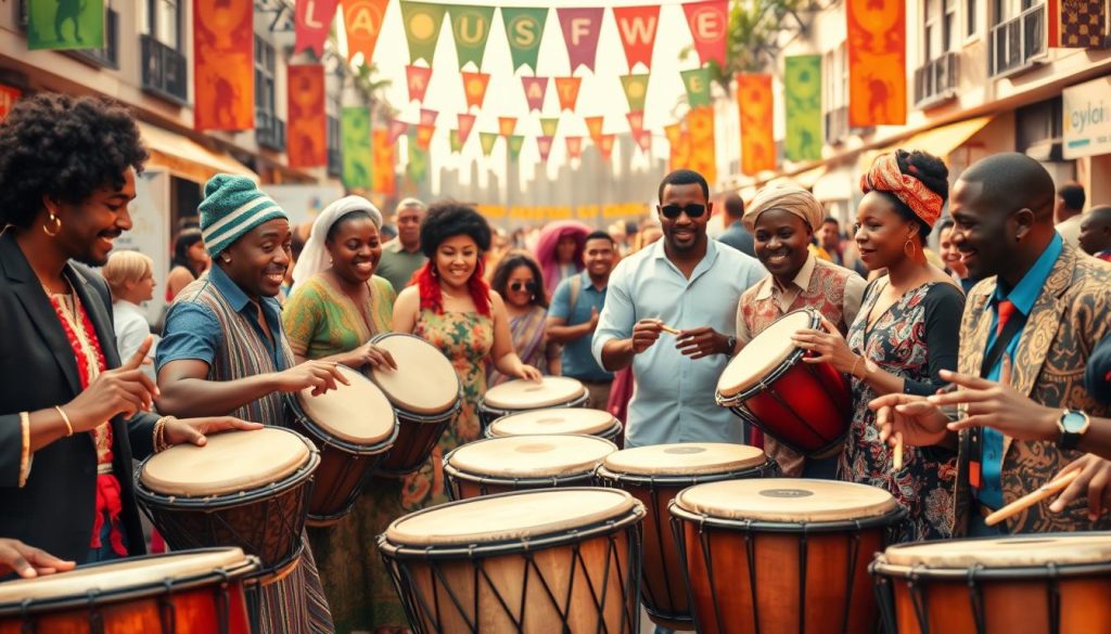 A vibrant, global celebration of percussion instruments, focusing on the African djembé. In the foreground, showcase a diverse group of musicians from various cultural backgrounds, dressed in professional attire blending traditional and modern styles, playing djembés with rhythm and enthusiasm. Their expressions reflect joy and passion for music. In the middle ground, depict a lively street festival atmosphere, with colorful banners and decor representing different cultures, emphasizing the global influence of African rhythm. The background features silhouettes of city skylines from various parts of the world, symbolizing the worldwide spread of the djembé. Soft, warm lighting creates an inviting atmosphere, evoking a sense of unity through music. The angle captures both the musicians and the vibrant surroundings, immersing the viewer in this cross-cultural celebration.