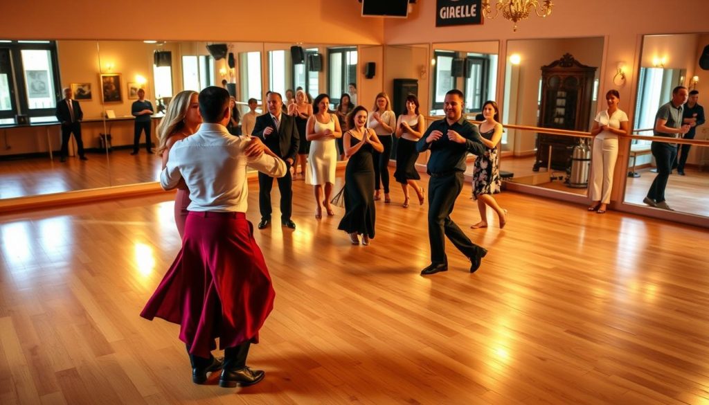 A vibrant scene of Écoles de bachata in France, with dancers gliding across a hardwood floor under warm, golden lighting. In the foreground, a couple performs the sensual movements of bachata, their bodies in perfect sync. In the middle ground, a group of students follows the lead of an experienced instructor, their faces alight with concentration. The background reveals the inviting atmosphere of the dance studio, with mirrored walls and decorative touches that evoke the Latin American roots of this captivating dance form. The overall mood is one of energy, passion, and a sense of community, capturing the essence of where one can learn the art of bachata in France. A vibrant scene of Écoles de bachata in France, with dancers gliding across a hardwood floor under warm, golden lighting. In the foreground, a couple performs the sensual movements of bachata, their bodies in perfect sync. In the middle ground, a group of students follows the lead of an experienced instructor, their faces alight with concentration. The background reveals the inviting atmosphere of the dance studio, with mirrored walls and decorative touches that evoke the Latin American roots of this captivating dance form. The overall mood is one of energy, passion, and a sense of community, capturing the essence of where one can learn the art of bachata in France.