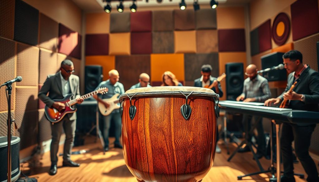 A vibrant scene showcasing a djembé drum as the focal point, situated in a sunlit modern music studio, filled with rich textures. In the foreground, the djembé, intricately carved with traditional patterns, glistens under soft, warm lighting that enhances its wooden grain. In the middle ground, diverse musicians in professional casual attire passionately engage in creating music, their hands rhythmically striking the drum. Instruments like a guitar and keyboard are visible, showing the fusion of traditional and contemporary styles. The background features sound panels and colorful acoustic designs, creating a dynamic and modern atmosphere. The mood is energetic and inspirational, capturing the essence of the djembé’s role in modern music.
