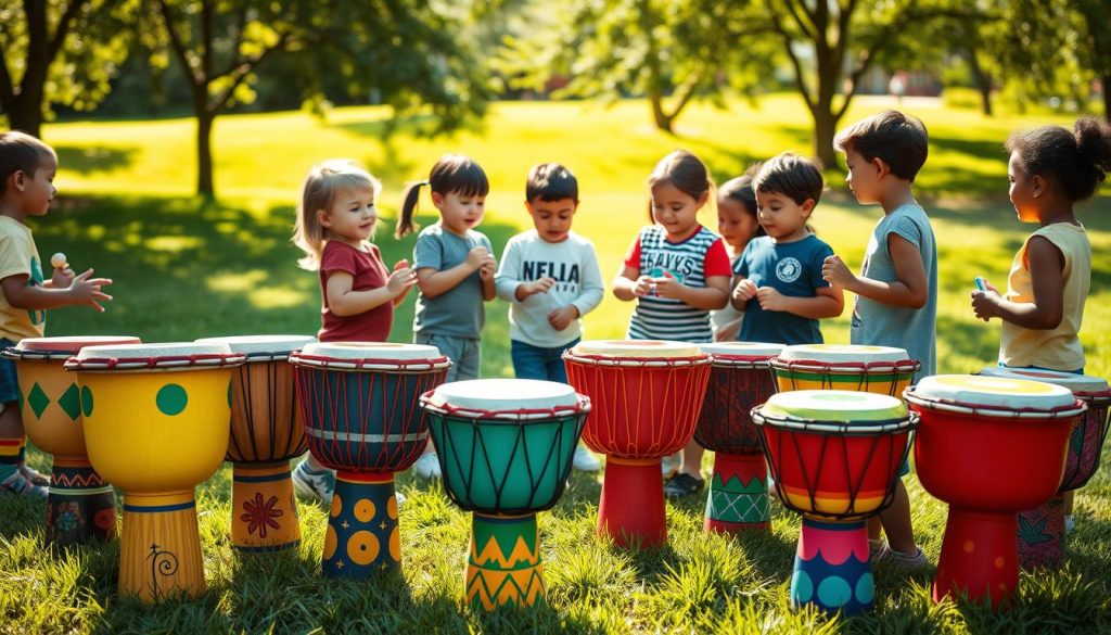 A vibrant scene showcasing a variety of colorful children's djembes placed prominently in the foreground. Each djembe is creatively designed, featuring playful patterns and bright hues, appealing to a young audience. In the middle ground, several children in modest casual clothing are gathered around, eagerly examining and interacting with the instruments, expressing excitement and curiosity. The background features a sunlit park setting with lush green grass and a few trees, creating a cheerful and inviting atmosphere. Soft, warm lighting enhances the mood, while a slightly elevated angle captures both the children's joyful expressions and the colorful instruments, promoting an engaging environment for learning music.