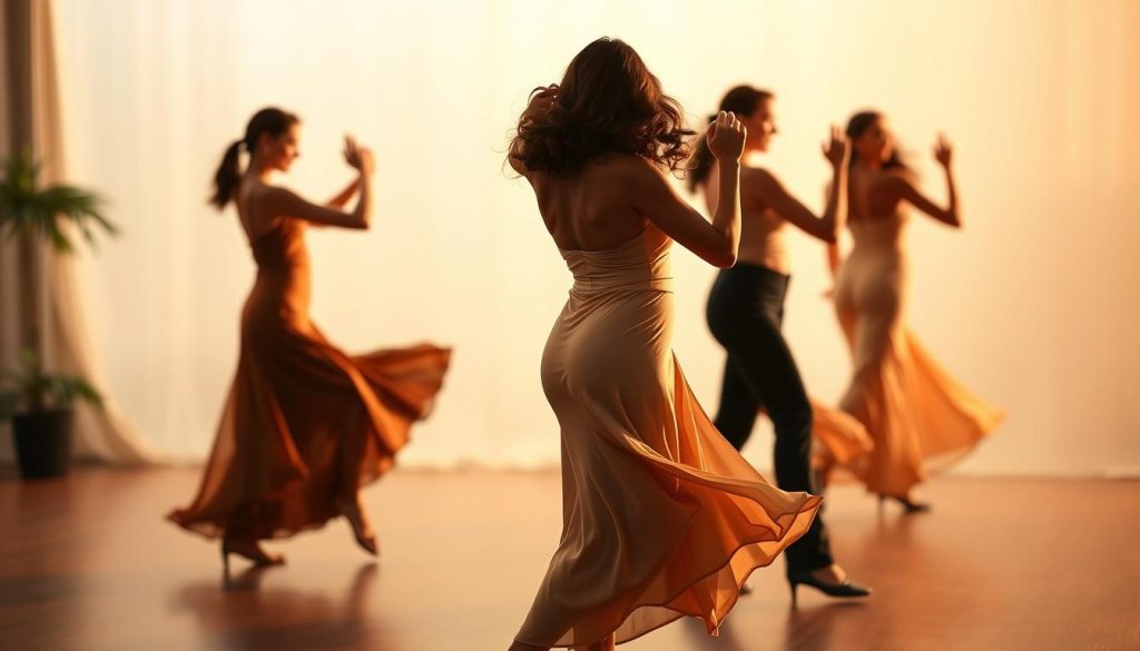 Graceful bachata dancers moving in fluid, rhythmic motions against a softly blurred background. Warm, golden lighting highlights the curves of their bodies as they flow through step sequences, hips swaying with effortless sensuality. The foreground captures their intense focus and connection, mid-step, with a sense of energy and momentum. The middle ground offers a glimpse of a stylized, minimalist dance studio setting, hinting at the practice and dedication required. The background fades into a dreamy, atmospheric ambience, emphasizing the meditative, liberating quality of the dance. Overall, the image conveys the beauty, intimacy and discipline of bachata.