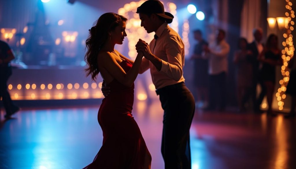 Positions en bachata: a couple gracefully engaged in the signature dance, their bodies in fluid motion, hips swaying in harmony. A mid-shot from a low angle, capturing the intimacy and connection between the dancers. Soft, warm lighting accentuates their silhouettes, creating a sense of depth and atmosphere. The background is blurred, placing the focus entirely on the dancers and their elegant, rhythmic movements. The overall mood is one of sensuality, passion, and the joy of shared expression through this captivating dance form. Positions en bachata: a couple gracefully engaged in the signature dance, their bodies in fluid motion, hips swaying in harmony. A mid-shot from a low angle, capturing the intimacy and connection between the dancers. Soft, warm lighting accentuates their silhouettes, creating a sense of depth and atmosphere. The background is blurred, placing the focus entirely on the dancers and their elegant, rhythmic movements. The overall mood is one of sensuality, passion, and the joy of shared expression through this captivating dance form.
