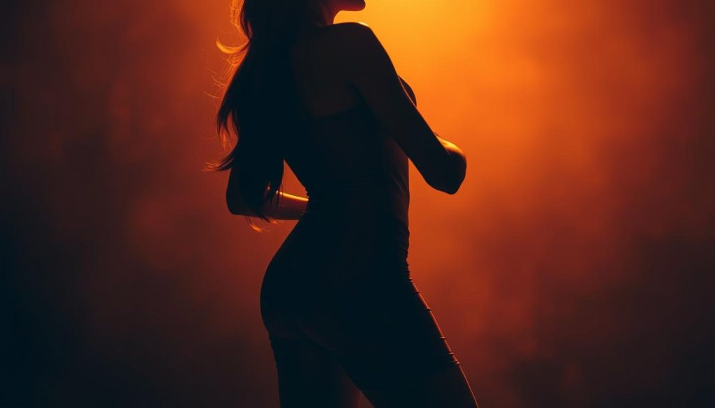 Sensual bachata dancer performing smooth, undulating hip movements in a dimly lit, moody setting. Graceful, flowing silhouette against a hazy, atmospheric background. Warm, golden lighting illuminates the dancer's body, accentuating the rhythmic sway of the hips. Soft focus and shallow depth of field create a sense of intimacy and emphasis on the core movement. Camera positioned at a slight upward angle to capture the dancer's confident, seductive poise. Overall tone evokes the sultry, passionate essence of bachata dance.