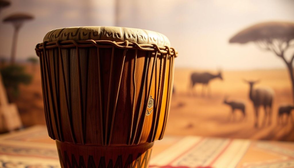 A beautifully crafted djembé drum sits prominently in the foreground, showcasing its intricate wooden carvings and textured goat skin head. The image captures the details of the drum's natural grain and vibrant color, emphasizing its cultural significance. In the middle ground, soft, ambient lighting casts gentle shadows, highlighting the curves and contours of the djembé. The background features a subtle, blurred setting that suggests an African landscape, adding context without distraction. The atmosphere is warm and inviting, evoking a sense of tradition and musicality. The angle is slightly tilted to showcase the drum's depth and craftsmanship, inviting the viewer to appreciate its origin and structure. A beautifully crafted djembé drum sits prominently in the foreground, showcasing its intricate wooden carvings and textured goat skin head. The image captures the details of the drum's natural grain and vibrant color, emphasizing its cultural significance. In the middle ground, soft, ambient lighting casts gentle shadows, highlighting the curves and contours of the djembé. The background features a subtle, blurred setting that suggests an African landscape, adding context without distraction. The atmosphere is warm and inviting, evoking a sense of tradition and musicality. The angle is slightly tilted to showcase the drum's depth and craftsmanship, inviting the viewer to appreciate its origin and structure.