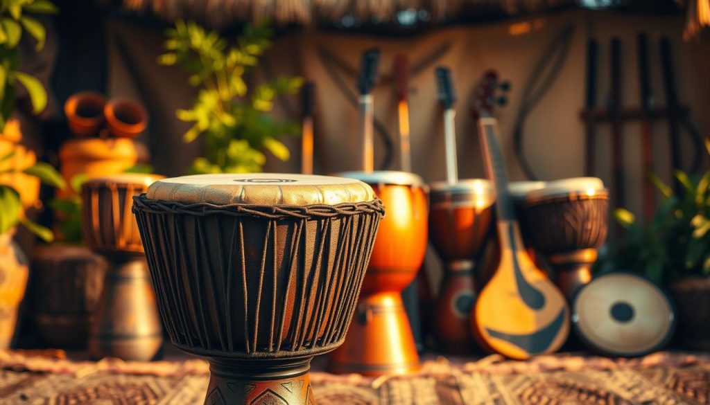 A beautifully crafted traditional African djembé, showcasing intricate hand-carved patterns and vibrant, natural skin drumhead, sits prominently in the foreground. In the middle ground, a softly blurred arrangement of various styles of djembés, both traditional and modern, highlights the differences between them. The background features a warm, earthy setting reminiscent of a cultural gathering, with hints of lush greenery and rustic wooden textures. Golden hour lighting bathes the scene, casting gentle shadows and accentuating the textures of the instruments. The atmosphere exudes a sense of heritage and musical connection, inviting the viewer to explore the cultural significance of the djembés. The composition is framed from a low angle to emphasize the stature of the traditional drum.