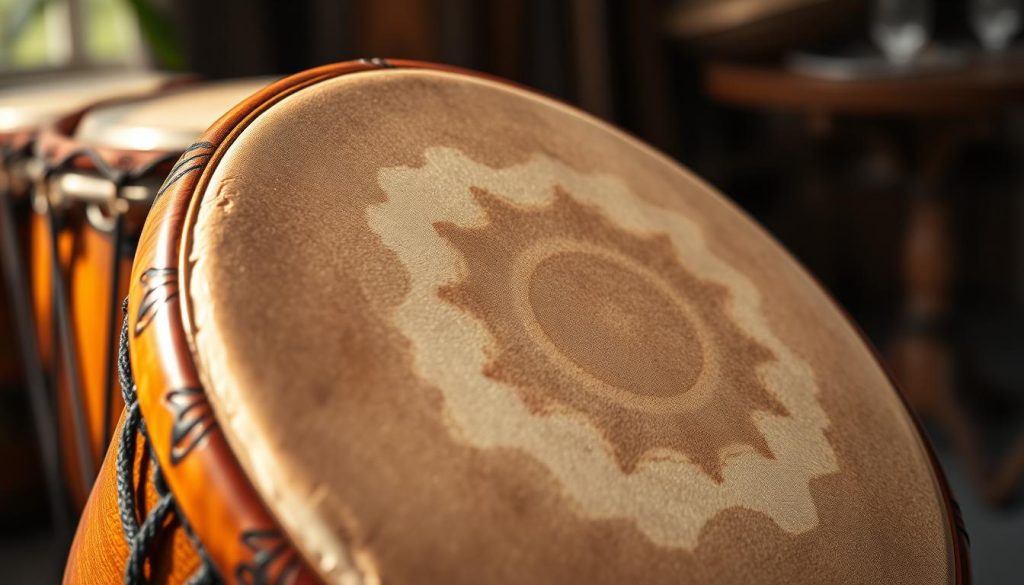 A beautifully crafted traditional djembé drum with a focus on its intricate skin surface, showcasing the natural texture and unique patterns of the "peau instrument." In the foreground, highlight the rich, warm wood of the drum body, emphasizing detailed carvings and the contrasting light reflecting off the polished surface. In the middle ground, display the drum's skin, taut and slightly glistening, indicating its readiness for performance. The background should suggest a serene environment, with soft, natural lighting filtering through, creating a warm and inviting atmosphere. Capture a close-up angle to accentuate the drum’s craftsmanship and the organic beauty of its materials. The overall mood should be one of reverence and appreciation for the art of drumming, evoking a sense of connection to tradition and culture.