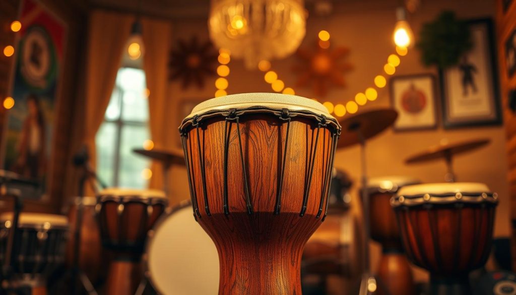 A beautifully crafted wooden djembé sits prominently in the foreground, showcasing its intricate carvings and warm, rich tones of the wood. The djembé is positioned at a slight angle to highlight its traditional rounded shape and textured drumhead. In the middle ground, subtle hints of other percussion instruments can be seen, enhancing the rhythmical theme without distracting from the main subject. The background features a softly blurred ambience of a cozy, inviting music room, bathed in warm, golden lighting that evokes a sense of warmth and creativity. The atmosphere is serene and inspiring, perfect for appreciating the beauty and craftsmanship of the djembé, inviting the viewer to connect with its musical heritage.
