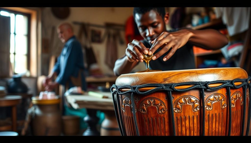 A beautifully maintained djembé displayed prominently in the foreground, showcasing its intricate carvings and polished wood surface. In the middle ground, an artisan's hands gently applying a natural oil treatment to the drum, highlighting the care taken in maintenance. Behind, a warm, inviting workshop environment filled with tools and vibrant materials used for djembé care. Soft, diffused natural lighting filtering in from a nearby window creates a peaceful atmosphere, accentuating the textures of the wood and the artisan's focused expression. The overall mood is serene and dedicated, embodying the importance of caring for musical instruments. A beautifully maintained djembé displayed prominently in the foreground, showcasing its intricate carvings and polished wood surface. In the middle ground, an artisan's hands gently applying a natural oil treatment to the drum, highlighting the care taken in maintenance. Behind, a warm, inviting workshop environment filled with tools and vibrant materials used for djembé care. Soft, diffused natural lighting filtering in from a nearby window creates a peaceful atmosphere, accentuating the textures of the wood and the artisan's focused expression. The overall mood is serene and dedicated, embodying the importance of caring for musical instruments.