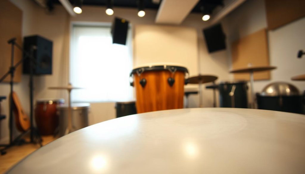 A close-up image of a synthetic drumhead, showcasing its smooth texture and glossy finish. The drumhead is prominently placed in the foreground, reflecting soft diffused lighting that highlights its unique features. In the middle ground, a traditional djembé body made of wood can be seen, providing context for the synthetic drumhead. The background features a softly blurred music studio, with various percussion instruments and soundproofing material, creating a creative and inviting atmosphere. The overall mood is focused and inspiring, emphasizing the importance of quality materials for young musicians. The shot is captured at a low angle, adding a sense of depth and dimension to the composition.