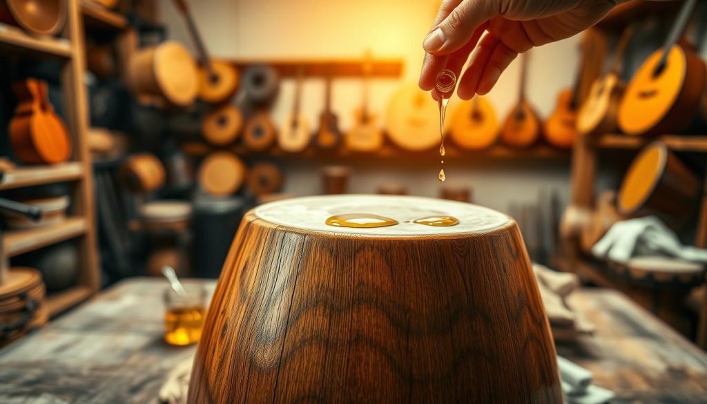 A close-up of a wooden djembé barrel being nourished with natural oils, highlighting the rich, textured wood grain. The foreground features a hand applying the oil, with droplets glistening under soft, warm lighting. In the middle ground, the djembé is positioned atop a rustic wooden table, surrounded by small jars of oil and cloths. The background includes blurred shelves lined with musical instruments, creating an inviting workshop atmosphere. The scene captures the meticulous care taken in maintaining the instrument, conveying a sense of tradition and craftsmanship. The lighting is warm and inviting, suggesting a calm and focused mood, with a slight depth of field to emphasize the action in the foreground.
