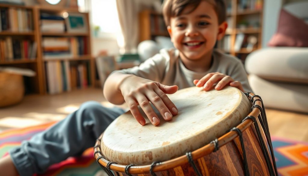 A close-up shot of a child playing a djembe, focusing on their hands striking the drum's surface, showcasing the texture and craftsmanship of the instrument. The child, wearing a modest, casual outfit, is seated comfortably on a vibrant mat, surrounded by natural light that highlights the djembe's rich colors and intricate patterns. In the background, a cozy room filled with music books and soft furnishings creates a warm, inviting atmosphere. The image captures the joyful expression on the child's face while emphasizing the djembe's ergonomic design and sound quality. The background should be slightly blurred to keep the focus on the child and the drum, enhancing the sense of evaluation and comfort.