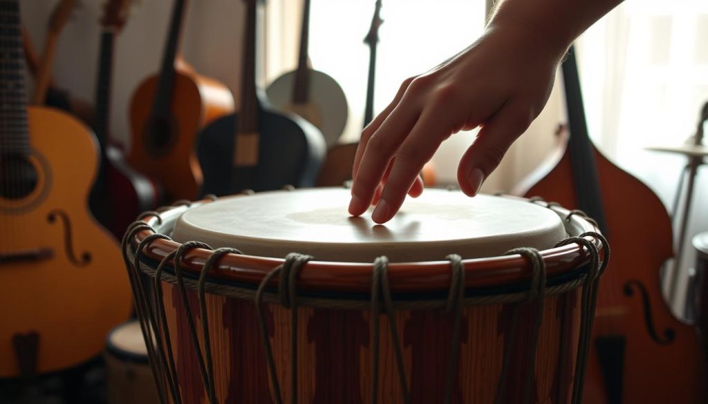 A close-up view of a traditional tension djembe, showcasing its beautifully carved wooden body with intricate designs. The foreground features the drum's rim and tightly wound ropes, highlighting the precise adjustments for optimal string tension. In the middle ground, a hand is skillfully demonstrating the technique of tuning the drum, carefully pulling on the cords. Natural sunlight streams from a nearby window, casting soft shadows across the warm wood and enhancing its rich hues. The background shows blurred silhouettes of various musical instruments, creating a harmonious atmosphere. The overall mood is focused and serene, reflecting the artistry and craftsmanship involved in maintaining a djembe.