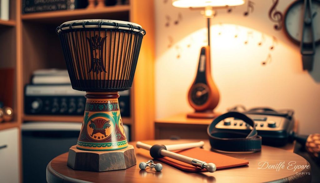 A cozy music room filled with essential accessories for a beginner djembe player. In the foreground, a vibrant, handcrafted petit djembé stands on a wooden stand, showcasing its intricate carvings and colorful patterns. Next to it, a set of various djembé accessories, including a tuning key, a practice pad, and an adjustable strap, are neatly arranged on a small table. In the middle, warm, soft lighting illuminates a pair of comfortable drumsticks resting beside the djembe, hinting at a welcoming atmosphere. The background features a softly blurred wall adorned with musical notes and a vintage metronome, enhancing the musical vibe. The scene conveys a sense of inspiration and readiness for beginners, encouraging exploration and creativity in music.