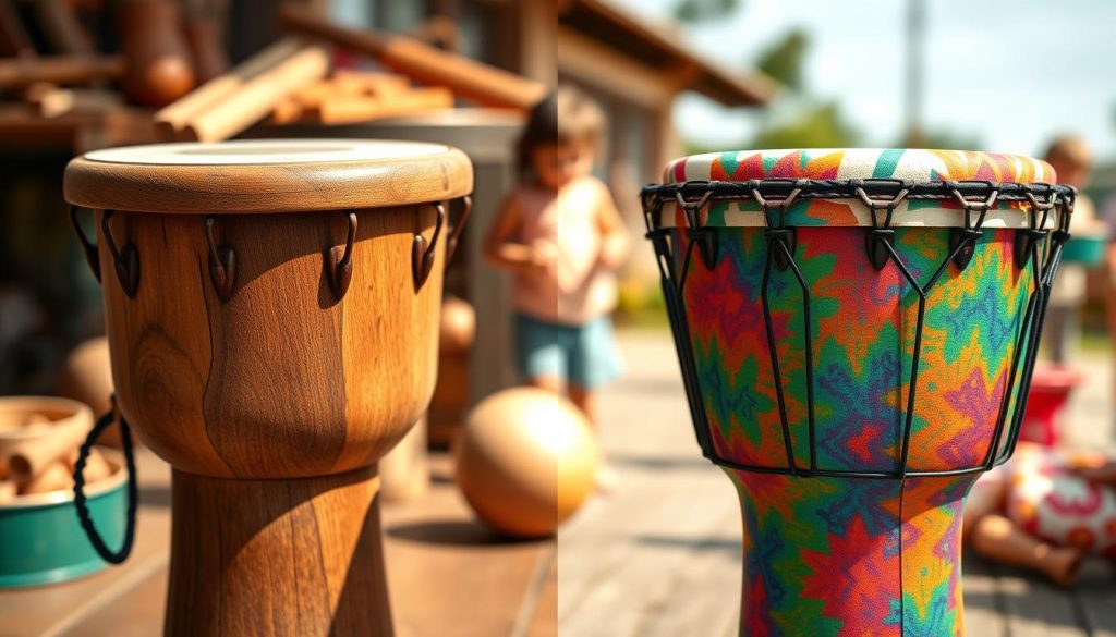 A detailed comparison image of a traditional child-sized djembé made from solid wood on one side and a vibrant synthetic drum on the other. In the foreground, the wooden drum showcases natural wood grain and craftsmanship, while the synthetic drum features bright, colorful patterns. The middle ground displays elements like wooden tools and synthetic materials being used in drum-making, emphasizing the contrast in textures. In the background, a soft-focus image of kids playing the drums in a sunny outdoor setting creates a joyful atmosphere. The lighting is warm and inviting, highlighting the rich tones of the wood and the vivid colors of the synthetic materials. The perspective is slightly angled to emphasize both drums equally, ensuring clarity and vibrancy without any text or logos.