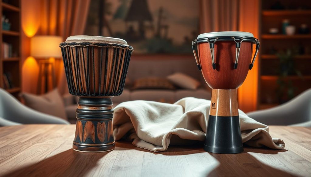 A detailed comparison of traditional and modern djembés in a visually striking setting. In the foreground, a beautifully crafted traditional djembé made of carved wood and animal skin, showcasing its intricate patterns and natural finishes. Beside it, a sleek, modern djembé made from synthetic materials, with a minimalist design and vibrant colors. In the middle of the scene, display a soft cloth draped across a wooden table, on which both instruments rest, casting subtle shadows. The background features a softly illuminated room with warm, ambient lighting that enhances the textures of the percussion instruments. The atmosphere is inviting, reflecting a blend of cultural heritage and contemporary style, ideal for music enthusiasts. Aim for a close-up angle to highlight the details of both models. A detailed comparison of traditional and modern djembés in a visually striking setting. In the foreground, a beautifully crafted traditional djembé made of carved wood and animal skin, showcasing its intricate patterns and natural finishes. Beside it, a sleek, modern djembé made from synthetic materials, with a minimalist design and vibrant colors. In the middle of the scene, display a soft cloth draped across a wooden table, on which both instruments rest, casting subtle shadows. The background features a softly illuminated room with warm, ambient lighting that enhances the textures of the percussion instruments. The atmosphere is inviting, reflecting a blend of cultural heritage and contemporary style, ideal for music enthusiasts. Aim for a close-up angle to highlight the details of both models.