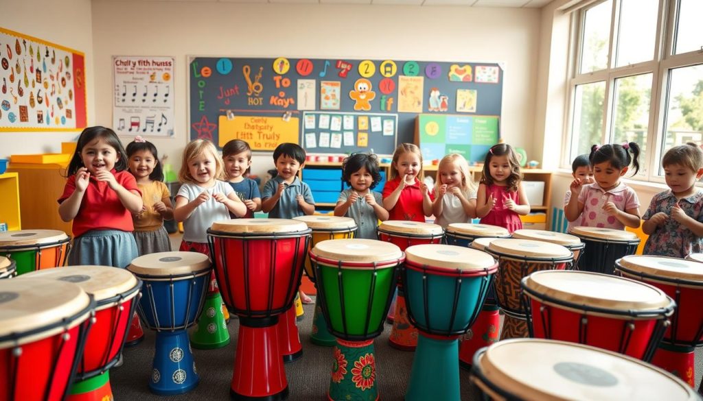 A vibrant classroom setting filled with colorful children's djembes of varying sizes, specifically designed for small hands. In the foreground, a group of excited children aged 5-8, dressed in casual but modest clothing, enthusiastically play the instruments, showcasing their joy and creativity. The middle ground features neatly arranged djembes in bright colors like red, blue, and green, each uniquely decorated with playful patterns. The background includes cheerful wall posters related to music and culture, and large windows letting in warm, natural sunlight, creating a bright and welcoming atmosphere. The perspective captures the dynamic interactions among the children and their instruments, emphasizing an engaging, playful vibe. The overall mood is lively and energetic, celebrating the joy of music tailored for young learners.