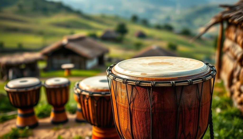 A vibrant, close-up view of a beautifully crafted djembe, showcasing its rich textures and intricate patterns on the body, made from carved wood with a natural finish. The drum is positioned prominently in the foreground, with the goatskin drumhead glistening under soft, warm lighting that accentuates the grain and details. In the middle ground, out of focus, are various sizes of djembes, illustrating a range of options, while in the background, a blurred landscape of a traditional West African village is subtly suggested, creating a cultural context. The mood is earthy and inviting, evoking a sense of connection to music and tradition, ideal for an informative article on selecting the right djembe.