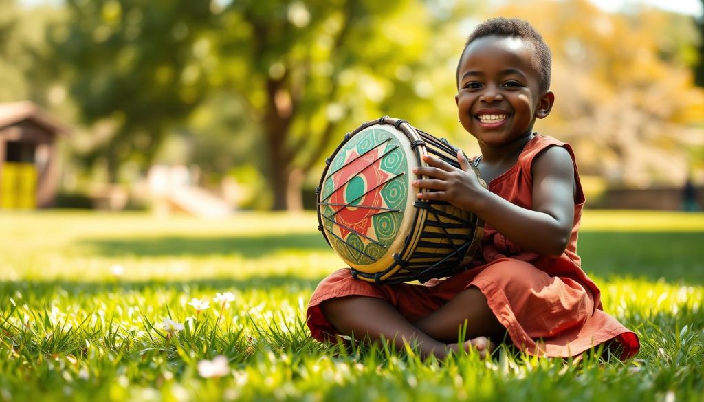A vibrant scene showcasing a young child joyfully playing a colorful djembe. In the foreground, the child, dressed in a modest, playful outfit, sits cross-legged, holding the djembe with a big smile. The drum has intricate patterns and vivid colors that highlight its cultural significance. In the middle ground, a sunny outdoor setting with green grass and a few blooming flowers adds life to the scene. The background features soft, blurred trees, creating a warm, inviting atmosphere. The lighting is bright and natural, evoking a sense of joy and creativity, as if capturing the essence of a carefree summer day. The image is framed with a slight low-angle shot, emphasizing the child’s engagement with the instrument.