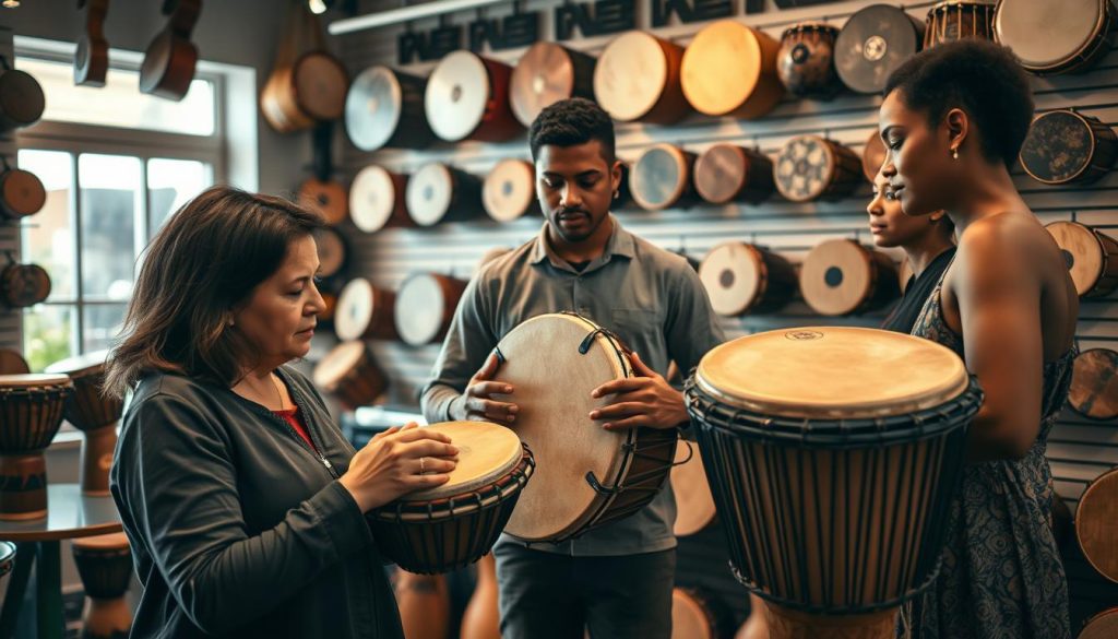 A well-composed scene showcasing a diverse group of individuals thoughtfully selecting the appropriate size of a djembé drum for their body types. In the foreground, a middle-aged woman examines a medium-sized djembé with a focused expression, while a young man in the center holds a larger drum, discussing its fit with a friend. The background features a vibrant music shop filled with various djembé drums of different sizes hanging on the walls, exuding an inviting atmosphere. Soft, warm lighting filters in through a window, creating a cozy ambiance. Capture this moment from a slightly elevated angle to emphasize the diversity in body types and the importance of choosing the right size, encouraging a sense of community and learning among music enthusiasts. A well-composed scene showcasing a diverse group of individuals thoughtfully selecting the appropriate size of a djembé drum for their body types. In the foreground, a middle-aged woman examines a medium-sized djembé with a focused expression, while a young man in the center holds a larger drum, discussing its fit with a friend. The background features a vibrant music shop filled with various djembé drums of different sizes hanging on the walls, exuding an inviting atmosphere. Soft, warm lighting filters in through a window, creating a cozy ambiance. Capture this moment from a slightly elevated angle to emphasize the diversity in body types and the importance of choosing the right size, encouraging a sense of community and learning among music enthusiasts.