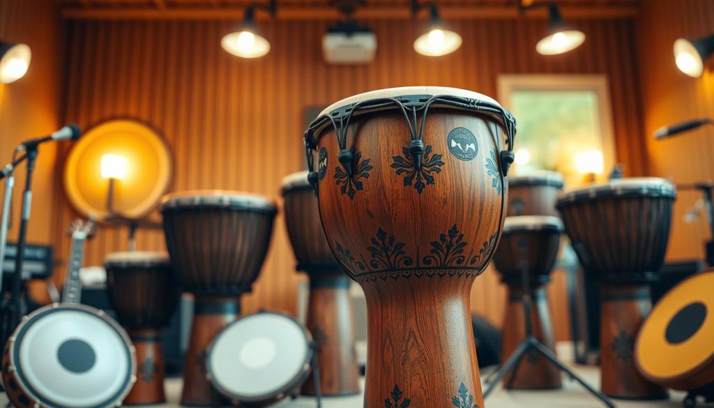 A beautifully crafted djembé drum, showcasing its intricate wood grain and decorative carvings, placed prominently in the foreground. The drum is surrounded by various-sized djembés, illustrating the range of sizes available for different body types and playing styles. In the background, a warm, softly lit music studio featuring ambient natural lighting enhances the atmosphere. The scene captures the essence of traditional craftsmanship with an inviting, harmonious vibe. A subtle focus effect draws attention to the details of the textures and patterns of the djembés, while maintaining a depth of field that creates a serene and inspiring mood for potential musicians. A beautifully crafted djembé drum, showcasing its intricate wood grain and decorative carvings, placed prominently in the foreground. The drum is surrounded by various-sized djembés, illustrating the range of sizes available for different body types and playing styles. In the background, a warm, softly lit music studio featuring ambient natural lighting enhances the atmosphere. The scene captures the essence of traditional craftsmanship with an inviting, harmonious vibe. A subtle focus effect draws attention to the details of the textures and patterns of the djembés, while maintaining a depth of field that creates a serene and inspiring mood for potential musicians.