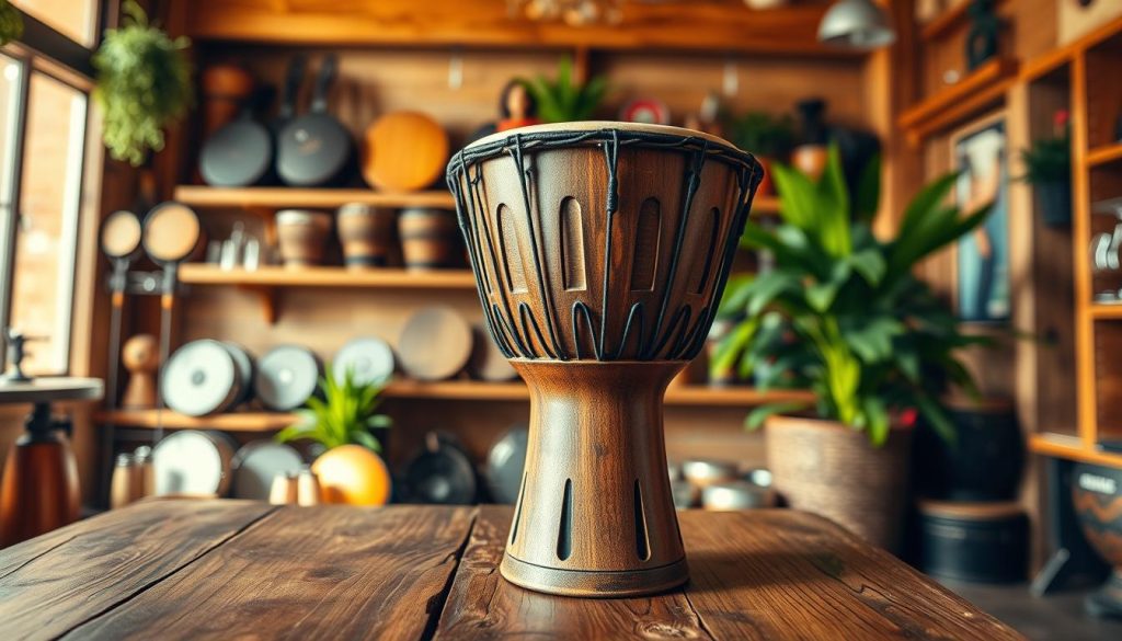 A beautifully crafted djembé drum sits prominently in the foreground, showcasing its intricate carvings and rich, warm wood tones. The drum is placed on a rustic wooden table with soft, natural light illuminating its surface, highlighting the unique textures of the wood and the polished finish. In the middle ground, gently blurred shelves display various musical instruments, such as tambourines and shakers, creating a welcoming atmosphere. The background features a cozy shop interior with warm tones, wooden beams, and plants, evoking a sense of comfort and trustworthiness. The overall mood is inviting and serene, suggesting a perfect place to purchase musical instruments with confidence. The angle is slightly elevated, capturing depth and perspective while maintaining focus on the djembé.