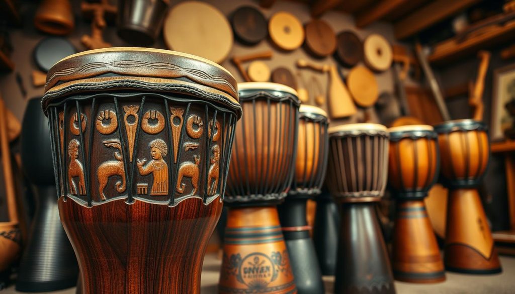 A beautifully crafted djembé made from rich, dark wood, showcasing intricate carvings that reflect traditional African artistry. The foreground features the djembé prominently, with a focus on the texture of the wood grain and the details of its carvings. In the middle ground, there are various djembés of different styles—some traditional and others modern—highlighting the contrast in craftsmanship. The background is softly blurred to emphasize the drums, with warm, ambient lighting creating a cozy and inviting atmosphere, reminiscent of a cultural workshop. The scene is shot from a low angle, accentuating the height and elegance of the djembés, inviting viewers into the rich world of percussion craftsmanship.