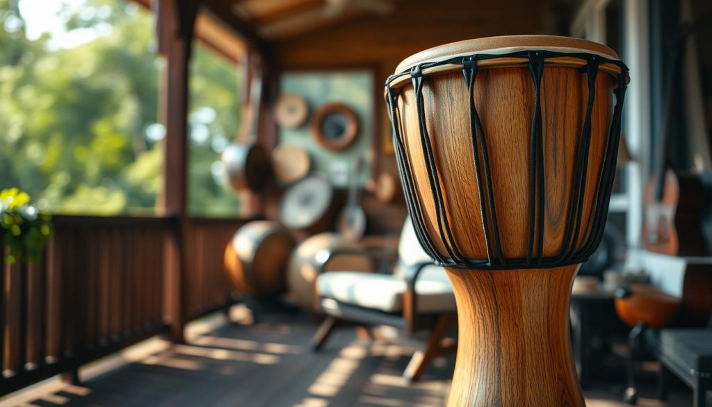 A beautifully crafted djembé made with goat skin, prominently featured in the foreground, showcasing its intricate carvings and natural wood finish. The instrument should be positioned at an angle that highlights the texture of the goat skin head and the artistry of the body. In the middle ground, soft, diffused natural lighting enhances the warm tones of the wood and creates gentle shadows, emphasizing the drum's curves. The background features a relaxed, inviting setting, possibly a wooden porch or a cozy room with musical instruments displayed, giving a sense of artistry and culture. The atmosphere is serene and inspiring, evoking the passion for traditional craftsmanship. The composition should be captured with a shallow depth of field to keep the focus on the djembé, rendering a circular bokeh effect in the background. A beautifully crafted djembé made with goat skin, prominently featured in the foreground, showcasing its intricate carvings and natural wood finish. The instrument should be positioned at an angle that highlights the texture of the goat skin head and the artistry of the body. In the middle ground, soft, diffused natural lighting enhances the warm tones of the wood and creates gentle shadows, emphasizing the drum's curves. The background features a relaxed, inviting setting, possibly a wooden porch or a cozy room with musical instruments displayed, giving a sense of artistry and culture. The atmosphere is serene and inspiring, evoking the passion for traditional craftsmanship. The composition should be captured with a shallow depth of field to keep the focus on the djembé, rendering a circular bokeh effect in the background.