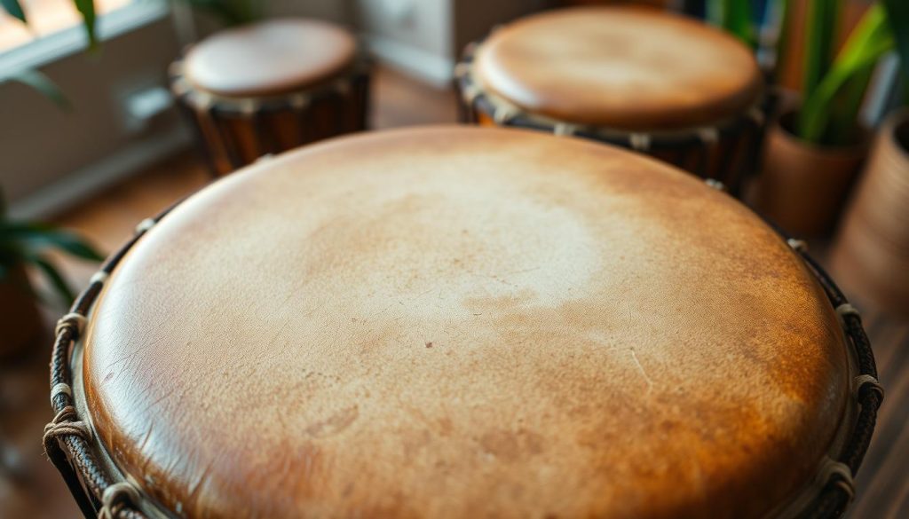 A close-up image of a djembe drum made from high-quality goat skin, showcasing its textured surface and natural imperfections that reveal its exceptional sound quality. In the foreground, highlight the intricate craftsmanship of the drum, with focus on the edges and the tension ropes that hold the goat skin tightly in place. In the middle ground, include the full djembe with warm, inviting lighting that reflects off the skin's surface, exuding a sense of resonance and warmth. The background should be softly blurred to emphasize the drum, with subtle hints of a natural setting, such as a wooden floor or bamboo accents. The mood is vibrant and artistic, evoking the earthy tones of the African musical tradition.