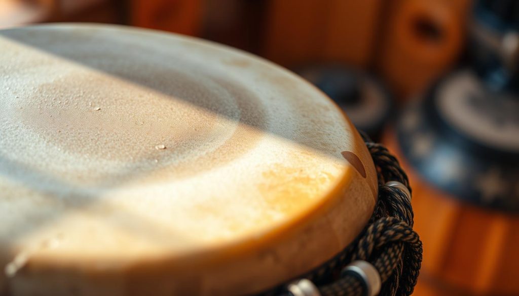 A close-up of a djembé drum showcasing its peau (skin) instrument detail, highlighting various textures and conditions of the drum's playing surface. The foreground focuses on the tightly stretched drum skin, revealing intricate patterns and subtle color variations, with natural light creating soft reflections. The middle ground includes hints of the drum's wooden body, rich with craftsmanship details, while the background features a blurred, warm-toned setting that evokes a traditional music environment. Shot from a slightly above angle to provide depth, the image conveys a sense of reverence for the instrument, emphasizing its craftsmanship and the importance of maintaining the condition of the playing surface for longevity.