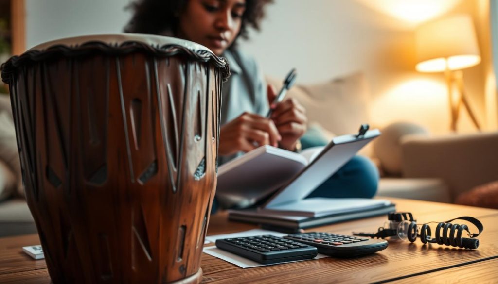A close-up, vibrant image of a traditional djembé drum displayed on a wooden table, surrounded by various budgeting tools such as a calculator, notepad, and a pen. The foreground features the beautifully textured wood of the djembé, highlighting its intricate carvings. In the middle, a person in modest casual clothing focuses intently on calculating costs while jotting notes, with a thoughtful expression. The background softly blends into a cozy, well-lit room that suggests a relaxed yet purposeful atmosphere, with warm lighting illuminating the scene. The angle captures the djembé prominently, emphasizing its importance in the budgeting process. The overall mood is one of contemplation and financial planning, conveying the theme of defining a budget.