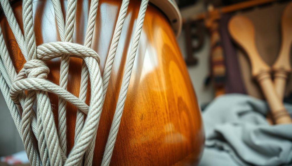 A close-up view of a djembé drum showcasing its intricate cordage system and tension adjustments. The foreground features the tightly wound ropes, highlighting the knots and texture that holds the drumhead in place. In the middle, the polished wooden body of the djembé is visible, displaying ornate carvings that reflect light in warm tones. The background is softly blurred to emphasize the drum while hinting at a workshop environment with wooden tools and fabric. The image is illuminated by soft, natural light, creating a warm atmosphere that invites appreciation for craftsmanship. The angle is slightly tilted to offer a dynamic viewpoint, enhancing the details of the cordage and emphasizing the importance of proper tension in drumming.