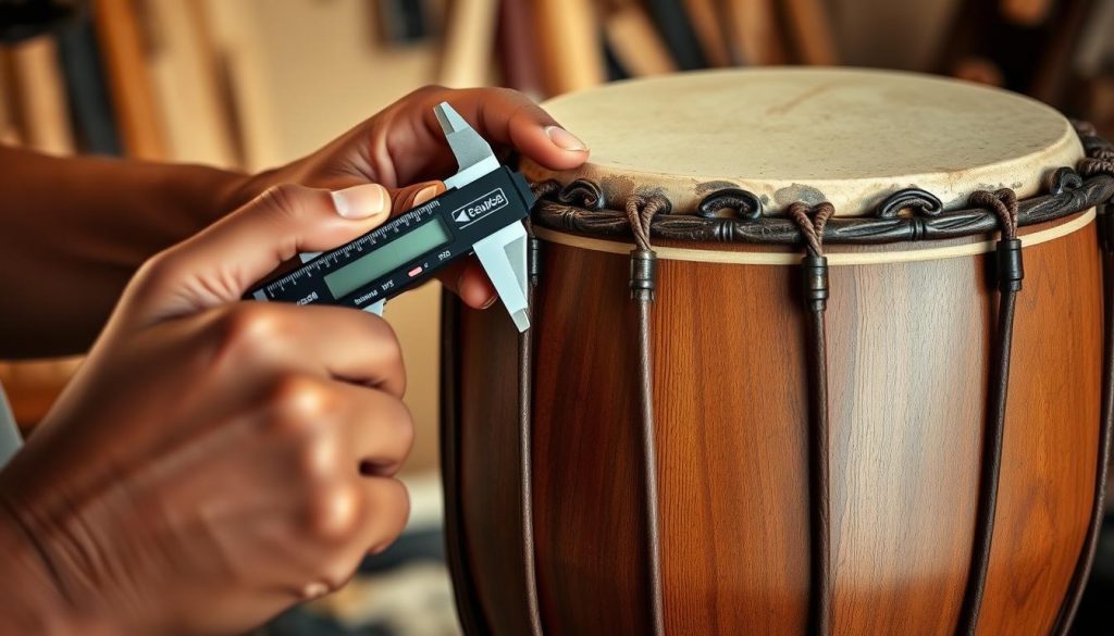 A detailed close-up of a traditional African djembé drum, showcasing the inspection technique instrument "peau bois." In the foreground, a skilled artisan is examining the drumhead, holding a measuring caliper to assess the skin thickness, ensuring authenticity. The middle ground features the rich wood grain of the drum, highlighting its craftsmanship and intricate carvings. The background is softly blurred, suggesting a workshop environment with tools and materials visible, evoking a sense of creation and artistry. Warm, natural lighting illuminates the scene, enhancing the textures and colors of the wood and skin. The mood conveys a blend of meticulous craftsmanship and cultural heritage, reflecting the importance of authenticity in artisanal creations. A detailed close-up of a traditional African djembé drum, showcasing the inspection technique instrument "peau bois." In the foreground, a skilled artisan is examining the drumhead, holding a measuring caliper to assess the skin thickness, ensuring authenticity. The middle ground features the rich wood grain of the drum, highlighting its craftsmanship and intricate carvings. The background is softly blurred, suggesting a workshop environment with tools and materials visible, evoking a sense of creation and artistry. Warm, natural lighting illuminates the scene, enhancing the textures and colors of the wood and skin. The mood conveys a blend of meticulous craftsmanship and cultural heritage, reflecting the importance of authenticity in artisanal creations.