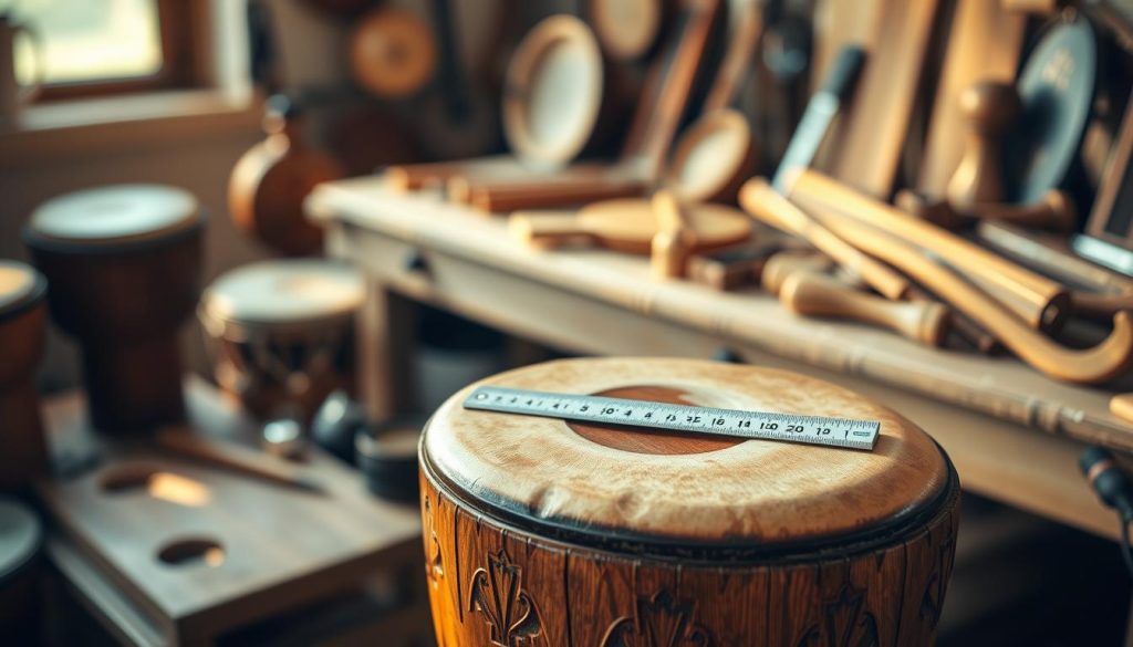 A finely crafted djembé, showcasing intricate carvings and a polished wooden surface, prominently placed in the foreground. The drumhead, made of natural animal skin, is depicted with subtle textures and colors reflecting its organic origin. In the middle ground, a measuring caliper is placed beside the djembé, indicating its diameter with precision. Soft, warm natural light filters through a nearby window, casting gentle shadows that accentuate the shapes and contours of both the djembé and the instrument-making tools. In the blurred background, a workbench filled with additional musical instruments and tools creates a workshop atmosphere, inviting an industrious spirit. The mood is warm and inviting, embodying a love for traditional craftsmanship and music.