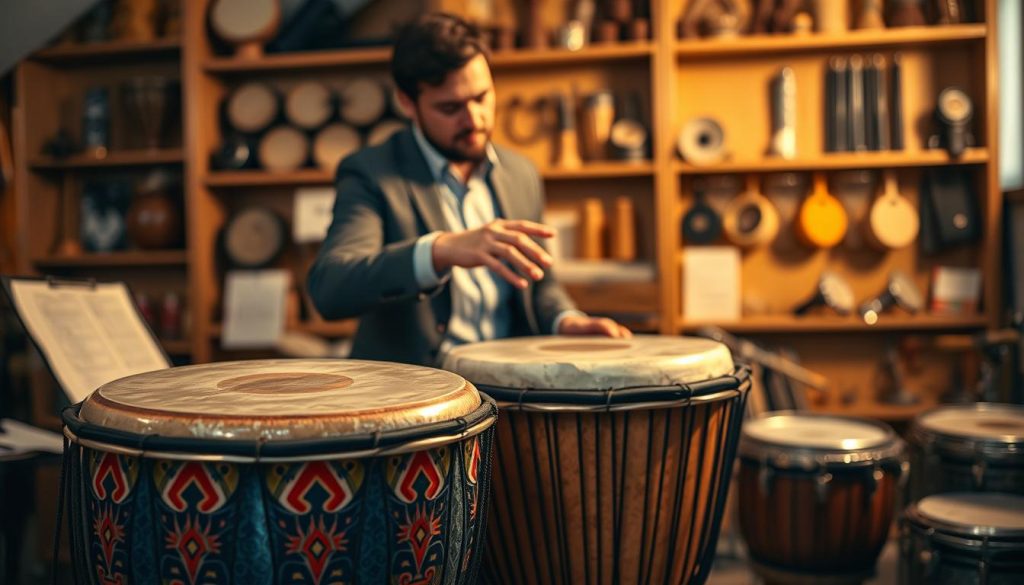 A professional djembé placed prominently in the foreground, showcasing its intricately crafted shell with vibrant tribal motifs. The drumhead glistens under warm, ambient lighting, emphasizing its texture and the quality of the material. In the middle ground, a skilled percussionist, dressed in smart casual attire, gently taps the drum with delicate precision, creating a sense of rhythm. Surrounding the scene, there are subtle elements like music sheets and additional percussion instruments that hint at a musical environment. The background features a softly blurred artist studio filled with wooden shelving displaying different drumming tools, adding depth to the composition. The overall atmosphere is lively yet focused, conveying the importance of sound quality and craftsmanship in identifying a high-performance percussion instrument.