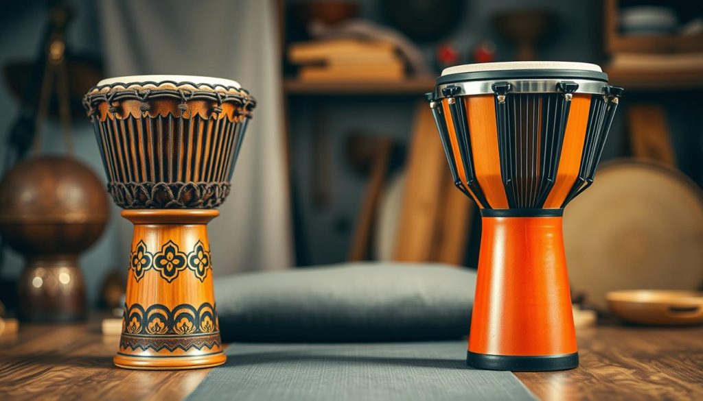 A side-by-side comparison of traditional and modern djembés. In the foreground, showcase an intricately carved traditional djembé, rich in detail and warm, natural wood tones, with decorative patterns highlighting its cultural significance. Beside it, a sleek, contemporary djembé, made from modern materials, features a vibrant finish and a minimalist design. In the middle ground, place a textured surface that resembles an artisan's workspace, suggesting craftsmanship and creativity. The background should be softly blurred, with hints of warm, ambient lighting that creates an inviting atmosphere, symbolizing the rich heritage of drumming. Use a close-up angle to focus on the instruments, capturing their unique characteristics while the overall mood is one of appreciation and exploration of musical evolution.