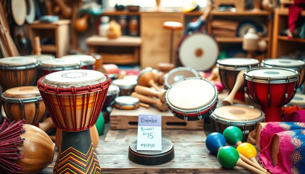 A vibrant scene showcasing a variety of budget-friendly percussion instruments, prominently featuring a colorful artisanal djembé in the foreground. Surrounding the djembé, display an array of other percussion instruments such as tambourines and maracas, all crafted from natural wood and bright fabrics, highlighting their affordability and charm. The middle ground contains a rustic, wooden table with a price tag indicating budget options. Soft, natural lighting illuminates the instruments, creating a warm and inviting atmosphere. The background features a blurred workshop setting, suggesting a handmade craftsmanship vibe. This setting conveys a sense of accessibility and value for budding musicians, emphasizing budget-conscious choices in percussion instruments. A vibrant scene showcasing a variety of budget-friendly percussion instruments, prominently featuring a colorful artisanal djembé in the foreground. Surrounding the djembé, display an array of other percussion instruments such as tambourines and maracas, all crafted from natural wood and bright fabrics, highlighting their affordability and charm. The middle ground contains a rustic, wooden table with a price tag indicating budget options. Soft, natural lighting illuminates the instruments, creating a warm and inviting atmosphere. The background features a blurred workshop setting, suggesting a handmade craftsmanship vibe. This setting conveys a sense of accessibility and value for budding musicians, emphasizing budget-conscious choices in percussion instruments.