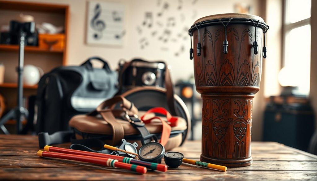 A vibrant scene showcasing essential percussion instruments and accessories for a djembé player. In the foreground, a beautifully crafted djembé drum with intricate carvings stands prominently, accompanied by colorful drumsticks and a tuning key. The middle ground features a variety of accessories, such as a sturdy drum bag, an adjustable strap, and a metronome, arranged artistically on a rustic wooden table. In the background, softly blurred, ambient lighting casts a warm glow, hinting at a cozy rehearsal space enriched with musical notes scattered lightly in the air. The atmosphere is inviting and creative, suggesting an engaging environment for percussion enthusiasts. Capture this scene with a close-up focus on the accessories, using natural light to highlight textures and colors, evoking a sense of passion for music.