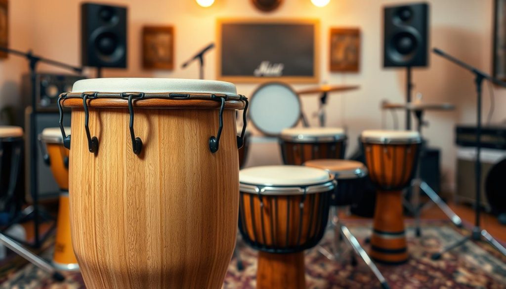 A well-crafted image of a budget-friendly djembé prominently displayed in the foreground, showcasing its textured natural wood finish and vibrant drumhead. The middle ground features a selection of similar instruments, highlighting variety in size and design, to emphasize choice within budget constraints. In the background, a soft-focus music studio setup, with warm lighting casting a cozy glow, adds to the atmosphere of creativity and inspiration. The lens should capture the details of the djembé’s craftsmanship close-up, illustrating its value as a durable investment. The overall mood should blend inviting and professional, reflecting a sense of excitement about exploring affordable yet quality musical options. The scene should be free of any text or distractions, allowing the focus to remain on the instruments.