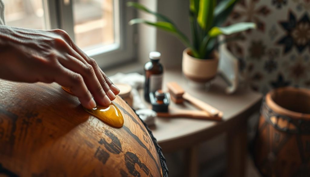 An artistic close-up of a skilled hands performing maintenance on a wooden djembé, showcasing the intricate texture and craftsmanship of the drum. In the foreground, the hands are gently applying natural oil to the surface, highlighting the rich, warm tones of the wood. In the middle ground, a well-organized workspace is visible, with tools like cloths, brushes, and a small container of oil. Soft, diffused natural lighting from a nearby window creates an inviting atmosphere, casting gentle shadows that accentuate the curves of the djembé. The background is soft-focused, featuring ethnic patterns or plants that evoke a warm, cultural ambiance, enhancing the respect and care for the instrument’s longevity and maintenance.