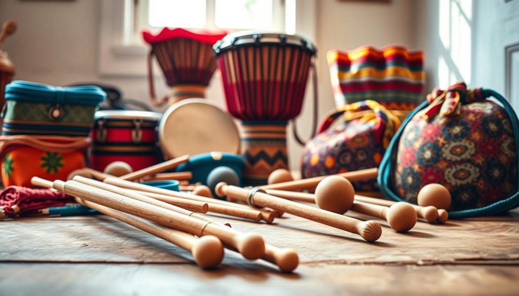 A beautifully arranged display of essential djembé accessories on a wooden surface, including a vibrant selection of brightly colored drum bags, tuning tools, and hand-crafted mallets. In the foreground, focus on the detailed textures of the mallets and fabric of the drum bags. The middle ground reveals the djembé itself, intricately designed with traditional patterns, while in the background, soft natural light filters through a window, casting gentle shadows that enhance the warm, inviting atmosphere. The color palette should be earthy with hints of blue and red, evoking a sense of cultural richness and musical creativity. The overall mood is inspiring and vibrant, perfect for a section dedicated to enhancing one’s drumming practice. A beautifully arranged display of essential djembé accessories on a wooden surface, including a vibrant selection of brightly colored drum bags, tuning tools, and hand-crafted mallets. In the foreground, focus on the detailed textures of the mallets and fabric of the drum bags. The middle ground reveals the djembé itself, intricately designed with traditional patterns, while in the background, soft natural light filters through a window, casting gentle shadows that enhance the warm, inviting atmosphere. The color palette should be earthy with hints of blue and red, evoking a sense of cultural richness and musical creativity. The overall mood is inspiring and vibrant, perfect for a section dedicated to enhancing one’s drumming practice.