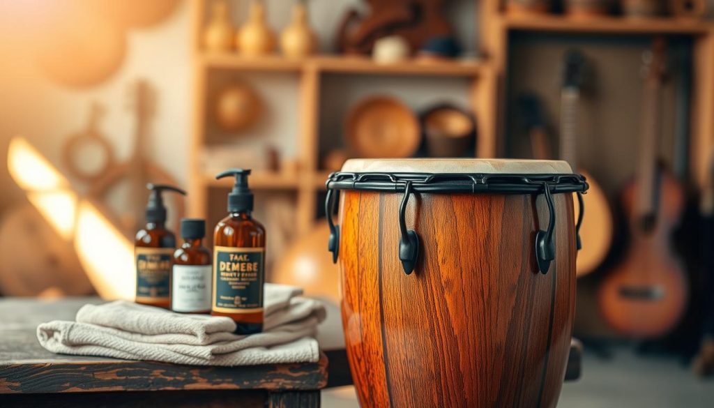 A beautifully arranged scene featuring a djembé in the foreground, showcasing its rich wooden texture and vibrant skin. On one side, a set of high-quality cleaning tools like a soft cloth and natural oils are artistically placed to emphasize instrument care. In the middle ground, a soft, warm light shines down, creating an inviting atmosphere while highlighting the details of the djembé. The background features a serene, blurred setting reminiscent of a cozy workshop or music studio, with wooden shelves and instruments partially visible to set the context. The overall mood is tranquil and focused, inviting the viewer to appreciate the importance of maintenance for the longevity of the instrument. Use a slight depth of field to keep the djembé sharp while softly blurring the background. A beautifully arranged scene featuring a djembé in the foreground, showcasing its rich wooden texture and vibrant skin. On one side, a set of high-quality cleaning tools like a soft cloth and natural oils are artistically placed to emphasize instrument care. In the middle ground, a soft, warm light shines down, creating an inviting atmosphere while highlighting the details of the djembé. The background features a serene, blurred setting reminiscent of a cozy workshop or music studio, with wooden shelves and instruments partially visible to set the context. The overall mood is tranquil and focused, inviting the viewer to appreciate the importance of maintenance for the longevity of the instrument. Use a slight depth of field to keep the djembé sharp while softly blurring the background.