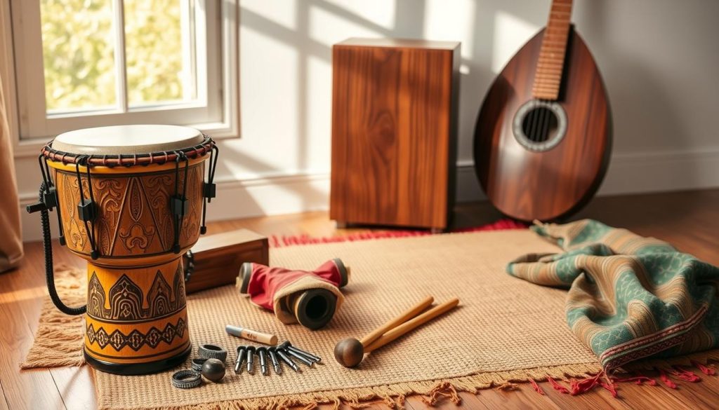 A beautifully arranged scene showcasing essential percussion accessories for beginners. In the foreground, a vibrant djembé drum with intricate carvings is prominently displayed, surrounded by a variety of percussion accessories such as tuning keys, a drumstick set, and traditional African fabric used for drum maintenance. In the middle section, a richly textured mat provides a warm base, while a handsome wooden cajón offers an inviting complementary element. The background features soft, natural lighting filtering through a window, casting gentle shadows that enhance the mood of creativity and learning. The atmosphere embodies a sense of calm and inspiration, perfect for someone starting their musical journey. A beautifully arranged scene showcasing essential percussion accessories for beginners. In the foreground, a vibrant djembé drum with intricate carvings is prominently displayed, surrounded by a variety of percussion accessories such as tuning keys, a drumstick set, and traditional African fabric used for drum maintenance. In the middle section, a richly textured mat provides a warm base, while a handsome wooden cajón offers an inviting complementary element. The background features soft, natural lighting filtering through a window, casting gentle shadows that enhance the mood of creativity and learning. The atmosphere embodies a sense of calm and inspiration, perfect for someone starting their musical journey.