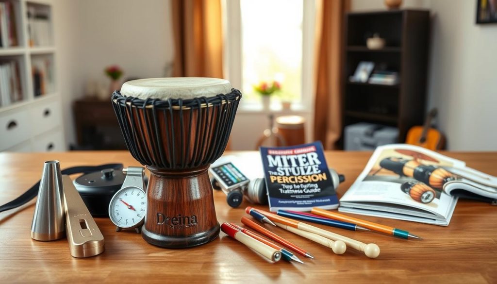 A beautifully crafted African djembé, prominently displayed in the foreground. The djembé is made of rich, dark wood with intricate carvings and a neatly stretched goat skin head. Surrounding it, there are various affordable musical accessories like a metronome, tuning forks, and a beginner's guide to percussion instruments, all laid out on a wooden surface. In the middle ground, there's a soft light coming from a window, casting warm golden hues over the scene, enhancing the textures of the wood and skin. In the background, a simple, blurred outline of a home music studio can be seen, suggesting a welcoming and creative atmosphere. The overall mood is inviting and emphasizes budget-friendly options for music lovers. A beautifully crafted African djembé, prominently displayed in the foreground. The djembé is made of rich, dark wood with intricate carvings and a neatly stretched goat skin head. Surrounding it, there are various affordable musical accessories like a metronome, tuning forks, and a beginner's guide to percussion instruments, all laid out on a wooden surface. In the middle ground, there's a soft light coming from a window, casting warm golden hues over the scene, enhancing the textures of the wood and skin. In the background, a simple, blurred outline of a home music studio can be seen, suggesting a welcoming and creative atmosphere. The overall mood is inviting and emphasizes budget-friendly options for music lovers.