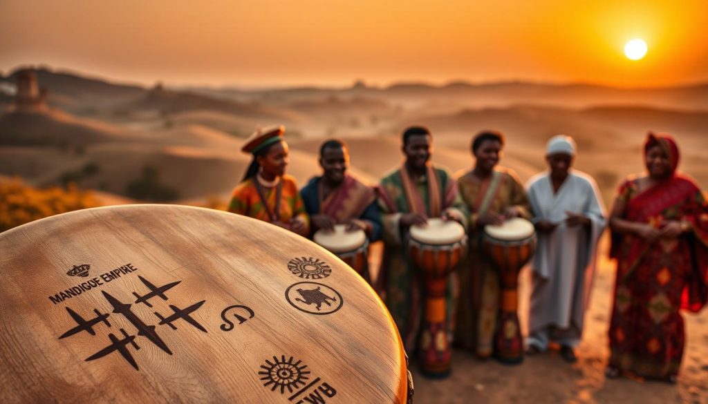 A beautifully crafted djembé drum, intricately carved with cultural symbols representing the Mandingue empire, takes center stage in the foreground. The drum's smooth wooden surface shines under warm, diffuse lighting that casts gentle shadows, enhancing the details of the carvings. In the middle ground, a traditional gathering of well-dressed musicians, wearing colorful, modest attire, play the djembé, their expressions filled with joy and concentration, illustrating the communal spirit of music. The background features a serene Mali landscape, with rolling hills and a setting sun casting a golden glow, evoking a sense of history and cultural richness. The overall mood of the image is warm and inviting, reflecting the deep cultural significance of the djembé in Mandingue society.