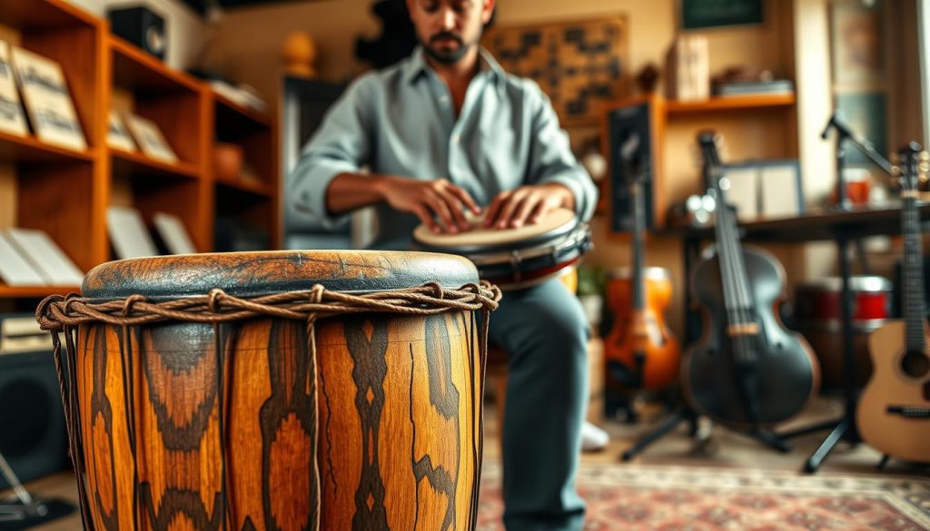 A beautifully handcrafted djembé drum sits prominently in the foreground, showcasing its intricate carvings and vibrant colors. The drum's textured surface and tight leather head reflect natural light. In the middle ground, a skilled percussionist, dressed in modest casual attire, is demonstrating various playing techniques, their hands skillfully tapping the drum. The background features a softly blurred scene of a cozy music studio with warm wooden accents, shelves of musical notes, and various other instruments adding depth and context. The overall atmosphere is inviting and inspiring, with soft, warm lighting creating a sense of intimacy and passion for music. The angle captures both the djembé and the artist, emphasizing the connection between the player and the instrument. A beautifully handcrafted djembé drum sits prominently in the foreground, showcasing its intricate carvings and vibrant colors. The drum's textured surface and tight leather head reflect natural light. In the middle ground, a skilled percussionist, dressed in modest casual attire, is demonstrating various playing techniques, their hands skillfully tapping the drum. The background features a softly blurred scene of a cozy music studio with warm wooden accents, shelves of musical notes, and various other instruments adding depth and context. The overall atmosphere is inviting and inspiring, with soft, warm lighting creating a sense of intimacy and passion for music. The angle captures both the djembé and the artist, emphasizing the connection between the player and the instrument.