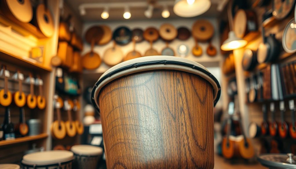 A beautifully handcrafted djembé placed prominently in the foreground, showcasing intricate carvings and vibrant patterns on its wooden surface. The textured drumhead, made from natural goat skin, should reflect subtle lighting, highlighting its organic tones. In the middle ground, softly blurred shelves lined with various musical instruments and world music accessories create a sense of a cozy, inviting music shop atmosphere. The background features warm, ambient lighting from overhead lamps, casting gentle shadows and contributing to a welcoming mood. The scene captures the joy of exploring a physical store filled with musical heritage, evoking a sense of community and passion for music. The angle is slightly above eye-level, focusing on the djembé while providing a glimpse of its surrounding environment. A beautifully handcrafted djembé placed prominently in the foreground, showcasing intricate carvings and vibrant patterns on its wooden surface. The textured drumhead, made from natural goat skin, should reflect subtle lighting, highlighting its organic tones. In the middle ground, softly blurred shelves lined with various musical instruments and world music accessories create a sense of a cozy, inviting music shop atmosphere. The background features warm, ambient lighting from overhead lamps, casting gentle shadows and contributing to a welcoming mood. The scene captures the joy of exploring a physical store filled with musical heritage, evoking a sense of community and passion for music. The angle is slightly above eye-level, focusing on the djembé while providing a glimpse of its surrounding environment.