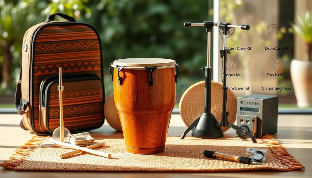 A beautifully organized display of essential djembé accessories, prominently featuring a high-quality wooden djembé drum in the foreground, its rich, warm tones radiating under soft, natural lighting. Surrounding the drum are a variety of protective items: a padded carrying case with intricate tribal patterns, a sleek drum stand, and durable drumsticks resting nearby. In the middle ground, a vibrant woven mat adds a touch of color, while subtle hints of additional accessories like a drum care kit and tuning keys are artistically placed. The background features a blurred outdoor setting, perhaps a lush, green garden or serene music room, enhancing the calm, inviting atmosphere. The overall mood is one of care and passion for music, expertly showcasing the importance of quality accessories for preserving a valuable investment. A beautifully organized display of essential djembé accessories, prominently featuring a high-quality wooden djembé drum in the foreground, its rich, warm tones radiating under soft, natural lighting. Surrounding the drum are a variety of protective items: a padded carrying case with intricate tribal patterns, a sleek drum stand, and durable drumsticks resting nearby. In the middle ground, a vibrant woven mat adds a touch of color, while subtle hints of additional accessories like a drum care kit and tuning keys are artistically placed. The background features a blurred outdoor setting, perhaps a lush, green garden or serene music room, enhancing the calm, inviting atmosphere. The overall mood is one of care and passion for music, expertly showcasing the importance of quality accessories for preserving a valuable investment.